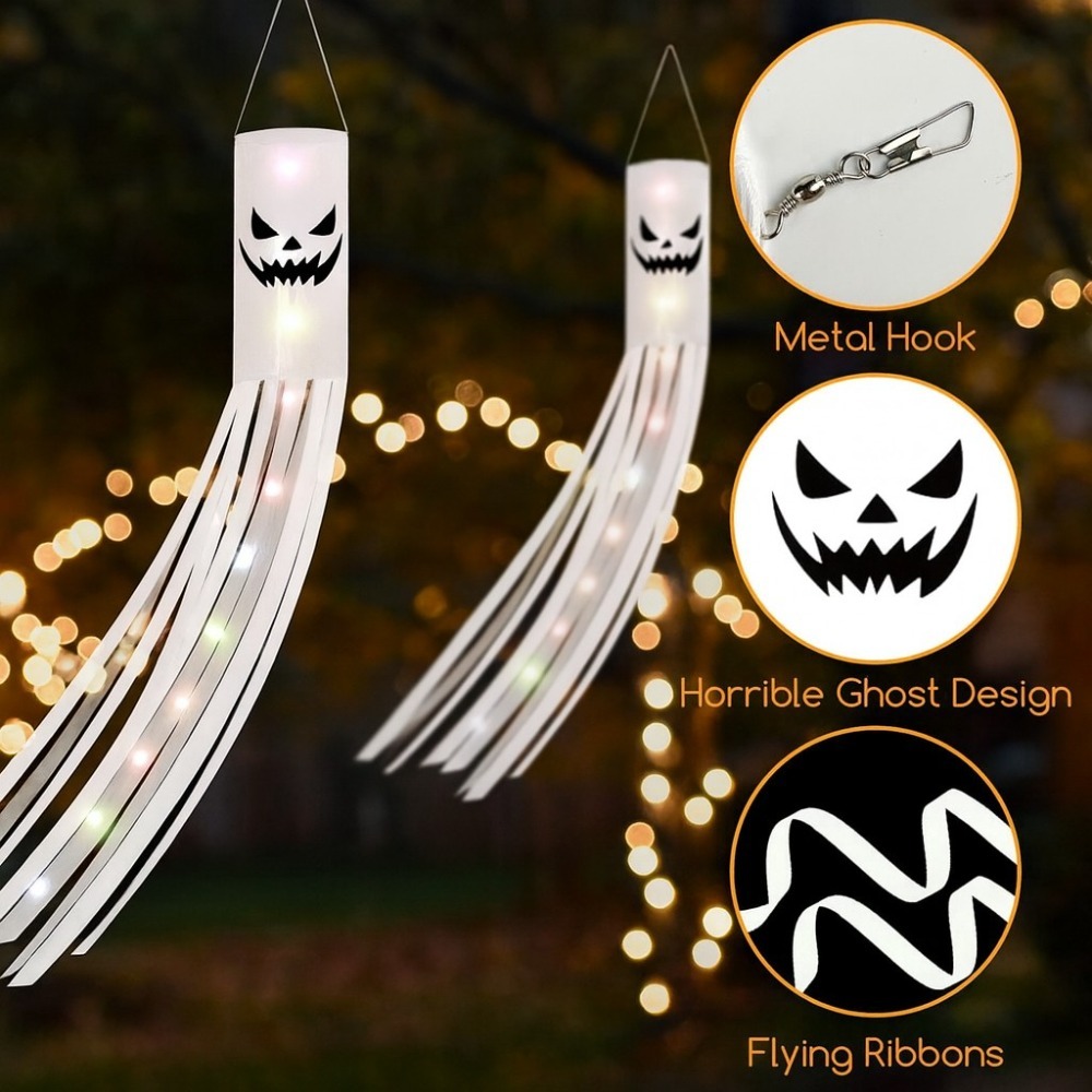2 Pack Halloween Ghost Windsocks | Hanging Outdoor Flags with 2M LED Lights | Garden & Tree Decorations