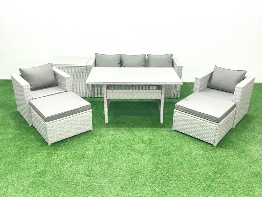 Click to view product details and reviews for Fimous Garden Dining Set Outdoor Rattan Furniture Set With Sofa Dining Table 2 Chairs 2 Big Footstools Side Table Light Grey Mixed.