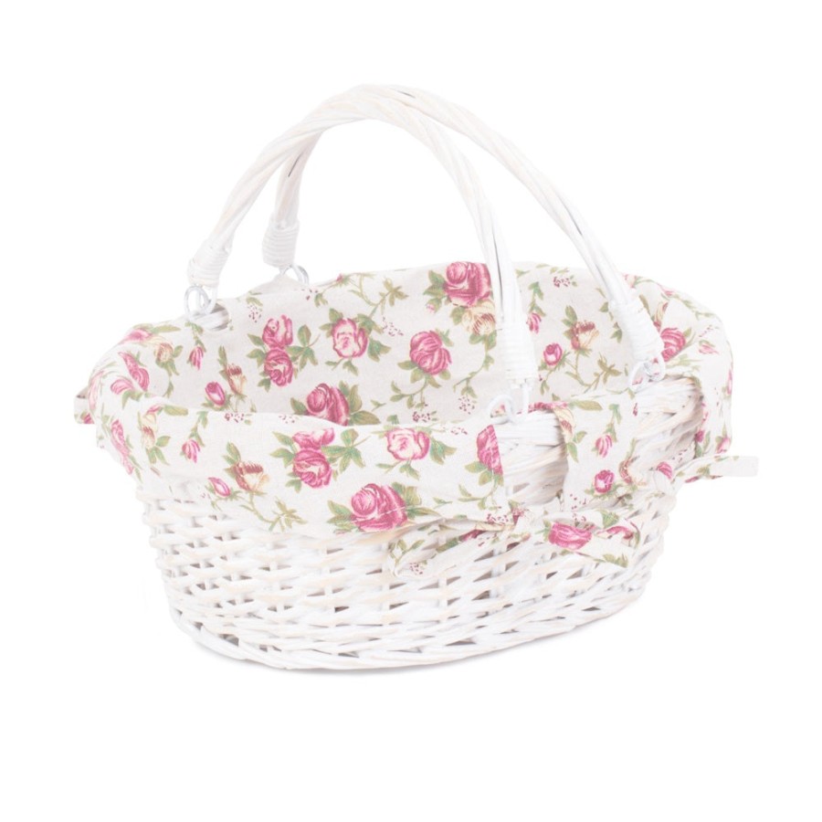 Red Hamper White Swing Handle Wicker Shopper With Garden Rose Lining - Small