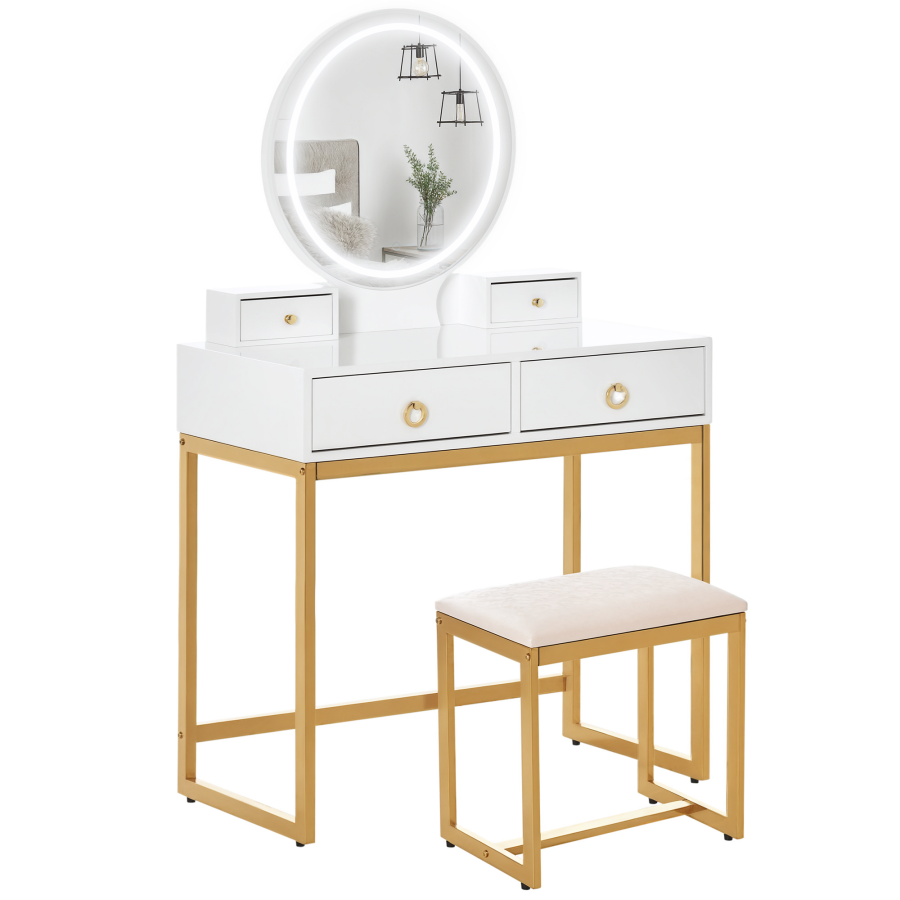 Click to view product details and reviews for Homcom Dressing Table Set With 3 Color Touch Screen Dimmable Lighted Mirror Vanity Makeup Table With 4 Drawers And Cushioned Stool For Bedroom White.
