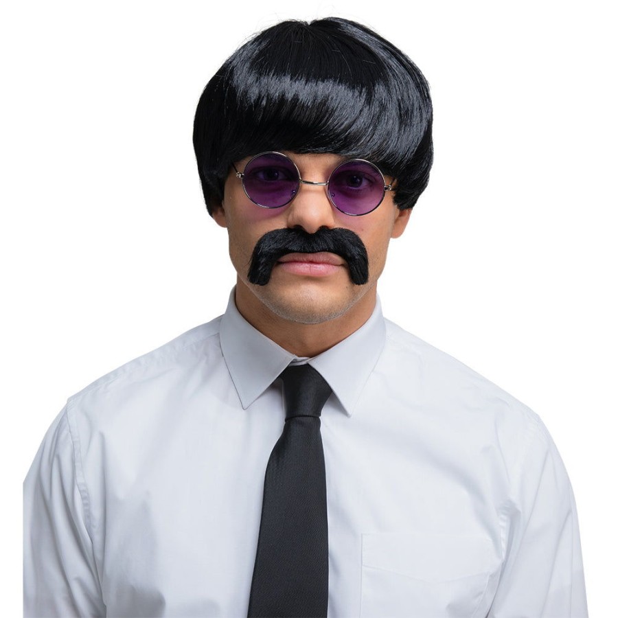 Click to view product details and reviews for Mens Black 1960s Pop Icon Fancy Dress Wig With Black Moustache.