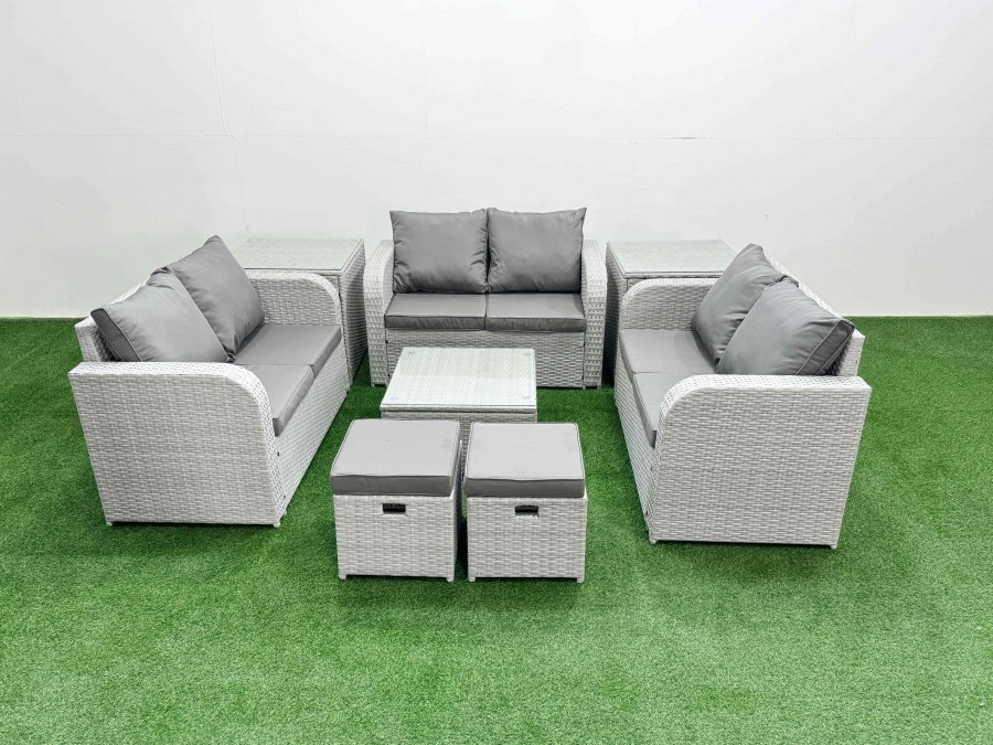 Click to view product details and reviews for Fimous 8 Seater Pe Wicker Rattan Furniture Sofa Sets With Square Coffee Table 2 Seater Love Sofa 2 Stool 2 Side Table Light Grey.