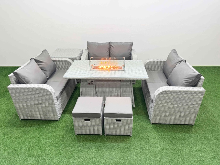 Click to view product details and reviews for Fimous 8 Seater Pe Wicker Rattan Furniture Sofa Sets With Firepit Dining Table 2 Seater Love Sofa 2 Stool Side Table Light Grey.