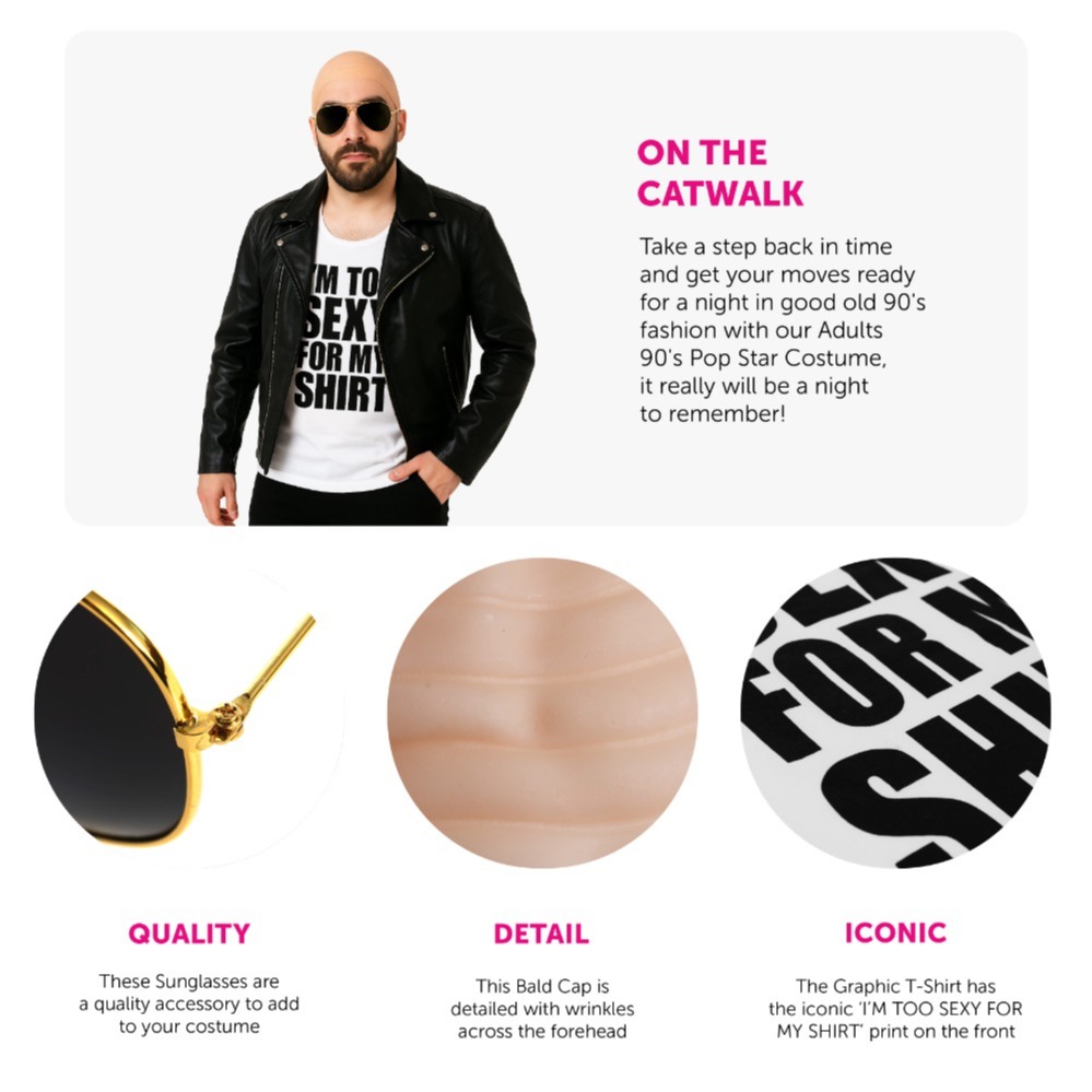"I'm Too Sexy for My Shirt" Costume – White Vest, Bald Cap, Aviator Sunglasses & Leather Jacket (Adults)