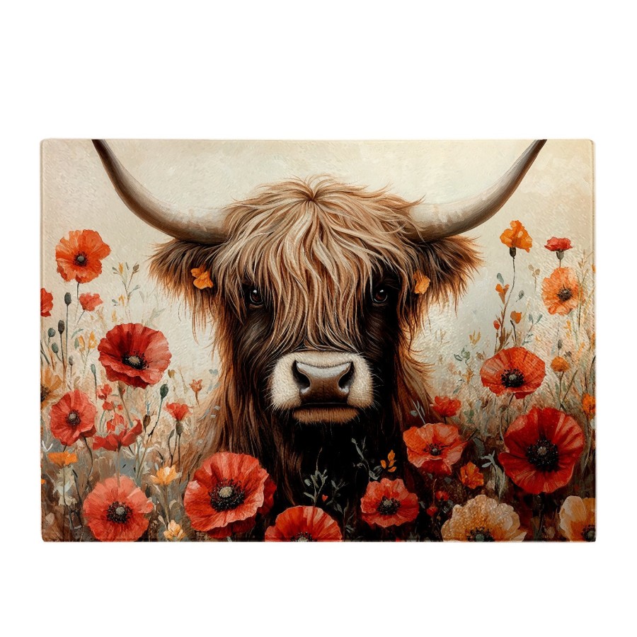 Click to view product details and reviews for Highland Cow And Summer Flowers Glass Chopping Board.
