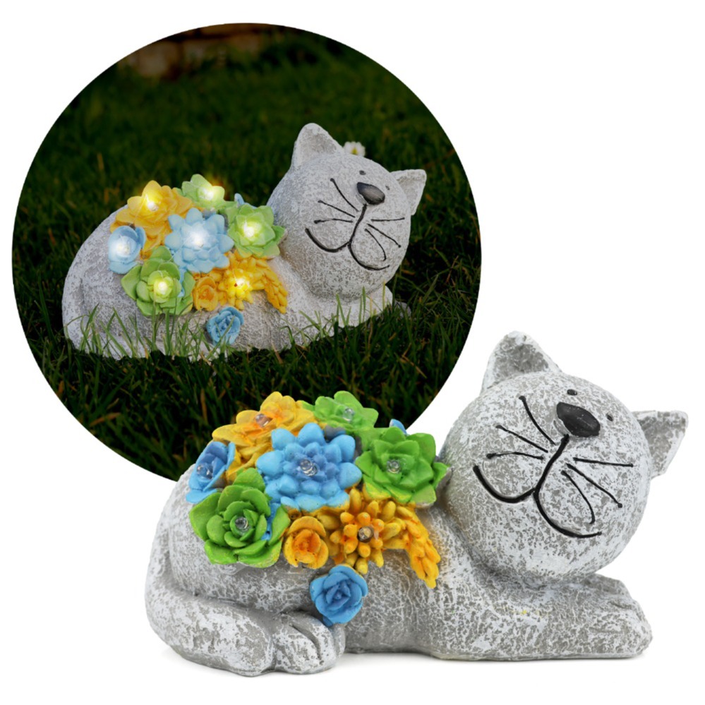 Class B | Solar Cat Statue- 22cm (8.5 Inch) - Garden Ornament with Succulent & Solar LED Lights - Outdoor Decor for Patio, Balcony & Gifts (Minor Defects)