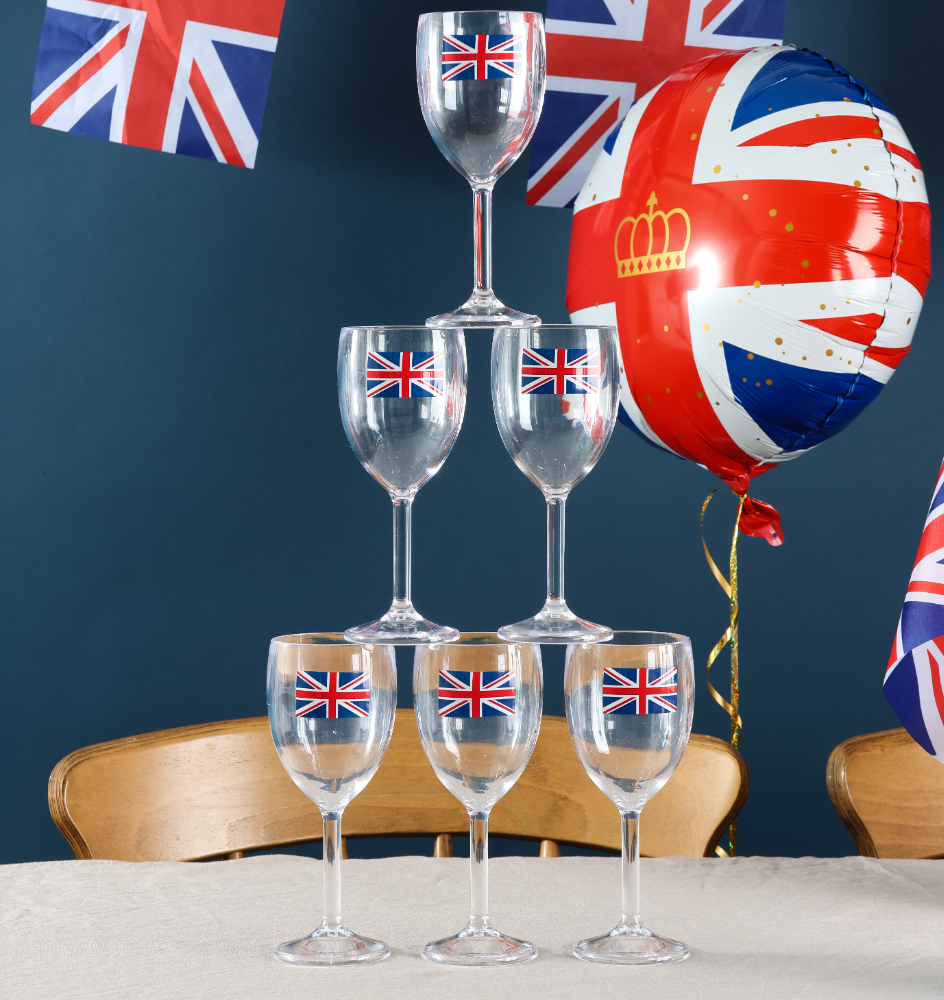 Pack of 12 Union Jack Plastic Wine Glasses - 300ml/10oz Durable, Reusable Cups for Parties, Festivals, BBQs & British Celebrations!