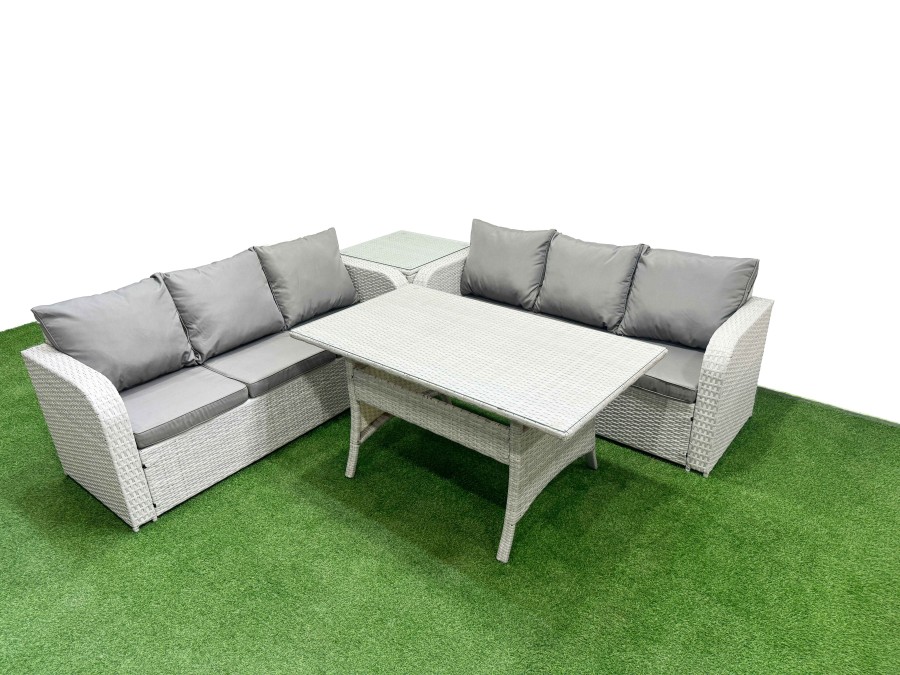 Click to view product details and reviews for Fimous Outdoor Garden Furniture Sets 6 Seater Wicker Rattan Furniture Sofa Sets With Rectangular Dining Table High Back Lounge Sofa Side Table Light G.