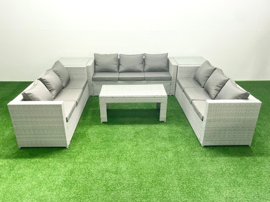 Click to view product details and reviews for Fimous Rattan Garden Outdoor Furniture Set 9 Seater Garden Sofa Oblong Coffee Table Set With 2 Side Tables Light Grey Mixed.