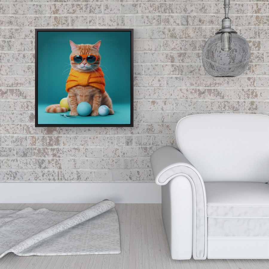 Click to view product details and reviews for Cat In Glasses With Balls Of Wool Framed Canvas 16 X 16 Black.