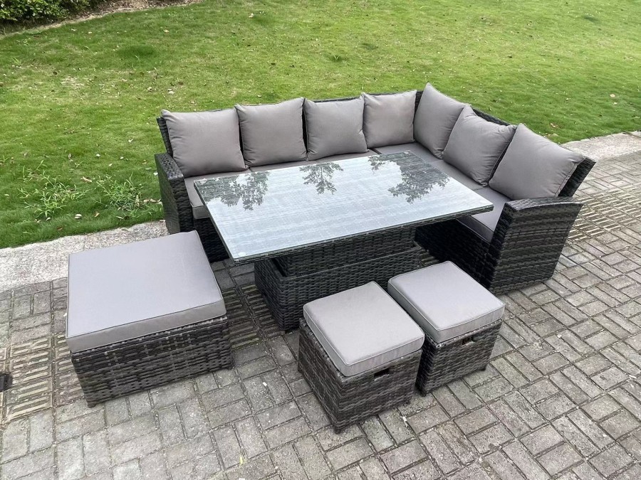 Click to view product details and reviews for Fimous 9 Seater High Backoutdoor Rattan Adjustable Rising Lifting Dining Table Corner Sofa Set Garden Furniture Footstools Dark Grey Mixed Right Hand.