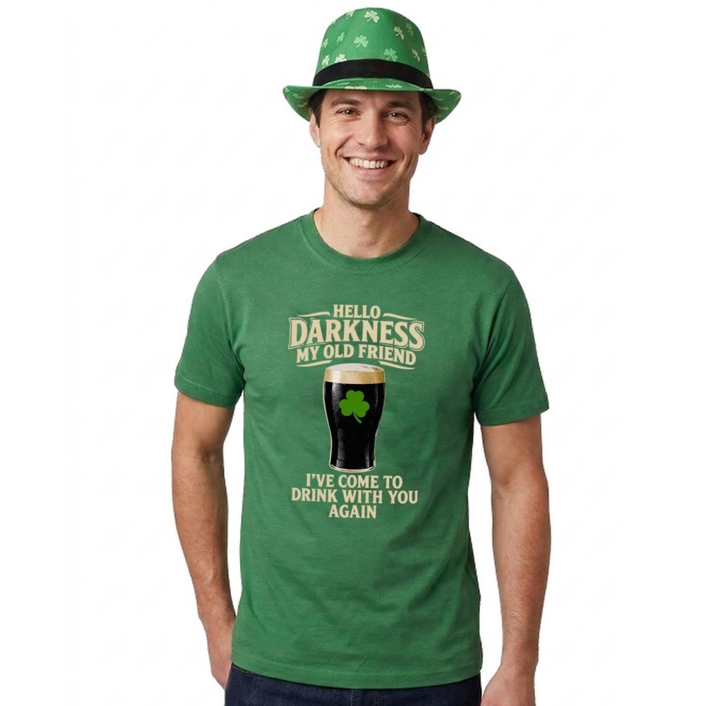 Click to view product details and reviews for Adults Funny St Patricks Day Costume Trilby Hat T Shirt &ldquo;hello Darkness My Old Friend Ive Come To Drink With You Again&rdquo; Green Tee With Beig.