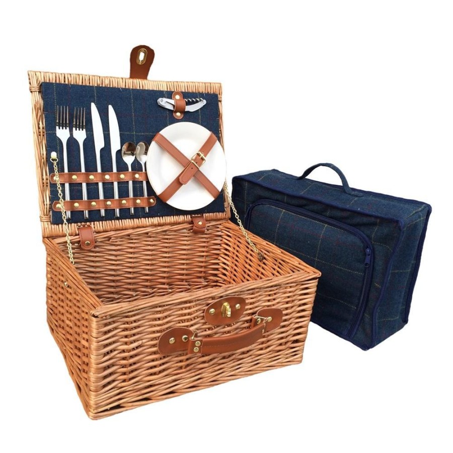 Red Hamper Blue Tweed Fitted Wicker Picnic Basket - 4 Person