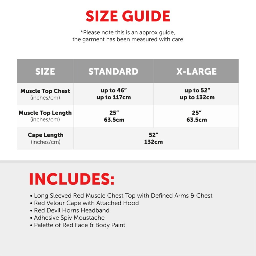 Mens Devil Costume Set | 5 Pcs | Red Horns, Cape, Muscle Chest, Spiv Moustache & Face Paint