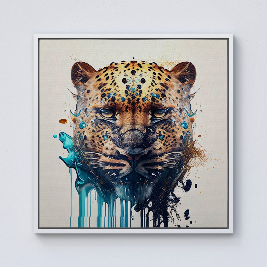 Click to view product details and reviews for Leapoard Face Splashart On Light Background Framed Canvas 10 X 10 White.