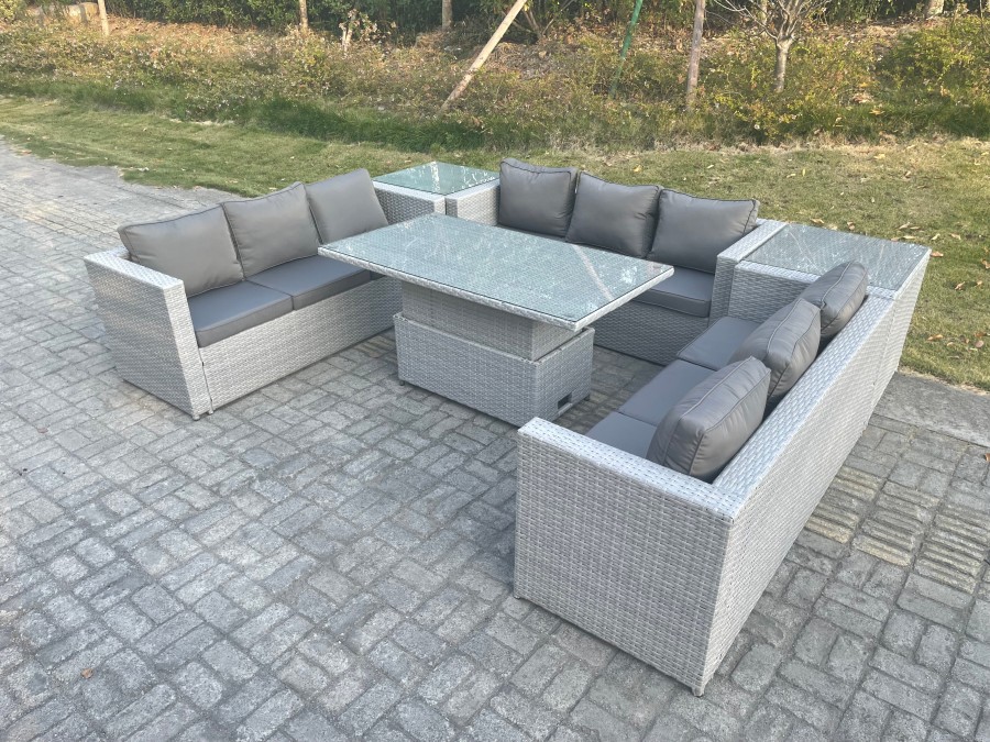 Click to view product details and reviews for Fimous U Shape Lounge Rattan Garden Furniture Set Adjustable Rising Lifting Table Dining Set With 2 Pc Side Coffee Tea Table Stool.