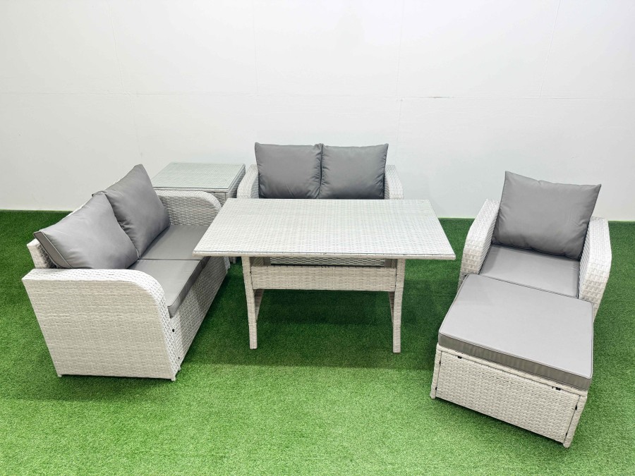 Fimous High Back Poly Rattan Garden Furniture Set with Reclining Chair Loveseat Sofa Rectangular Dining Table Indoor Outdoor Patio  Set Big Stool Side Table Light Grey