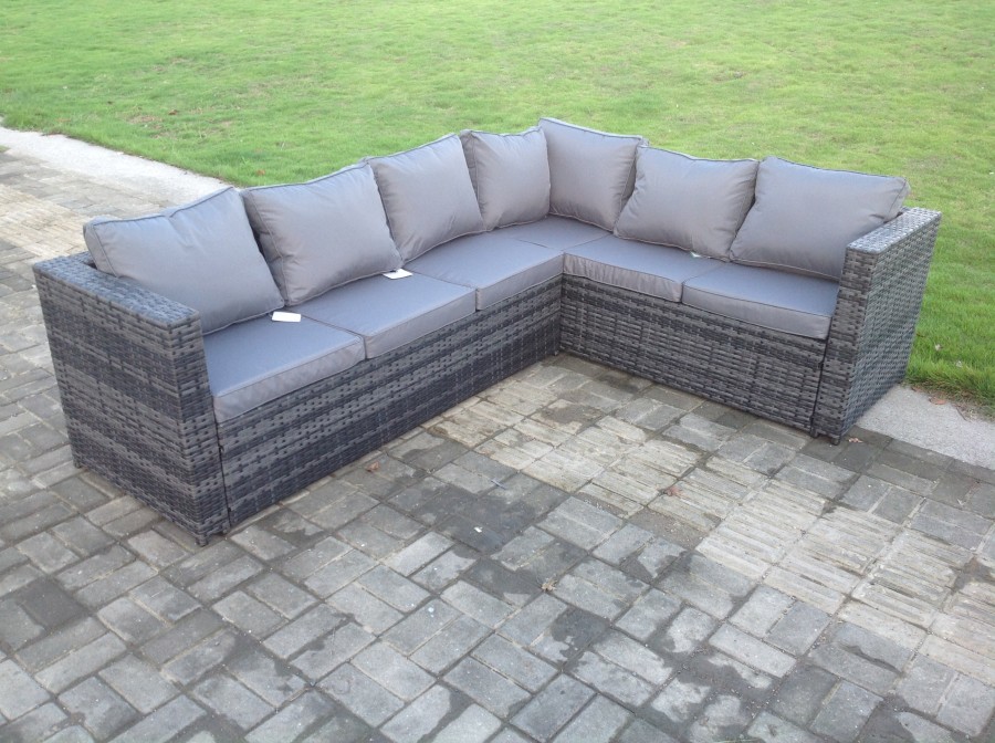 Click to view product details and reviews for Fimous Rattan Corner Sofa Set Rectangular Oblong Coffee Table Outdoor Garden Furniture In Grey Mix 6 Seater With Seat And Back Cushion Right Hand.