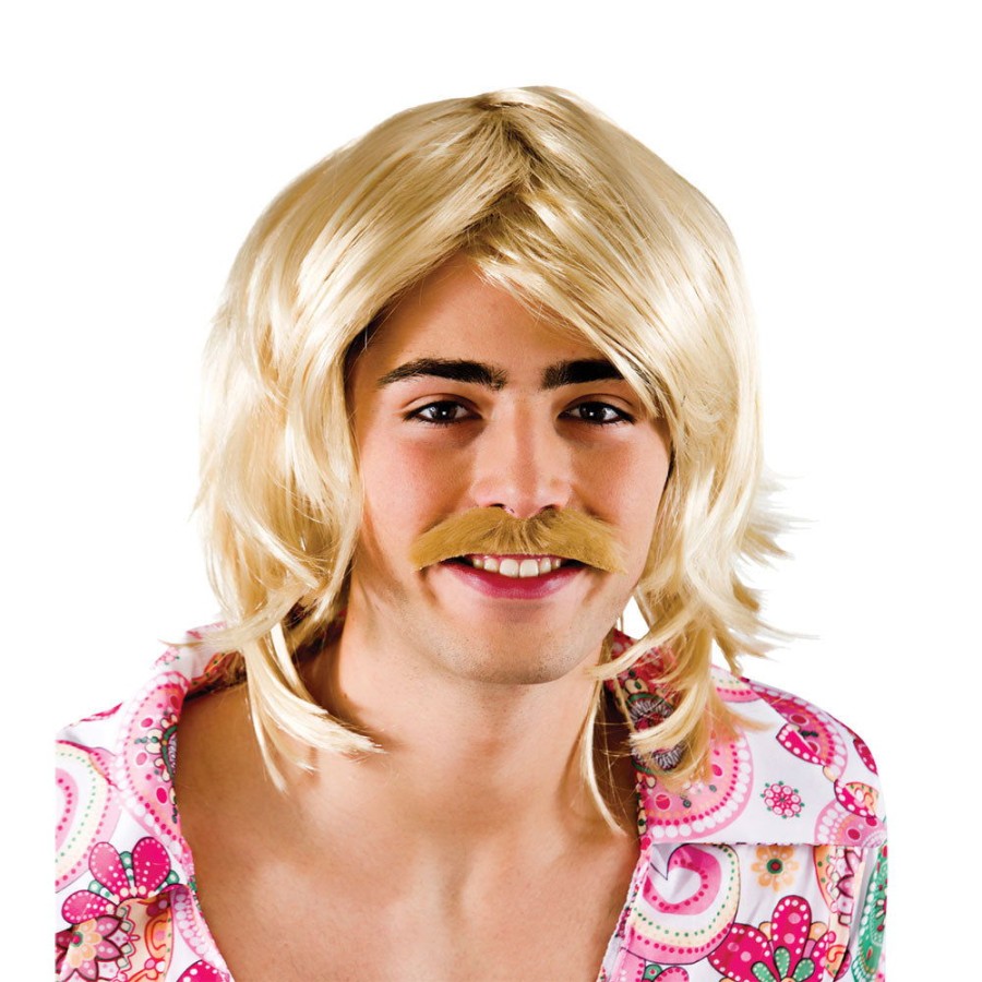Click to view product details and reviews for Blonde Disco Fancy Dress Wig With Moustache 70s Retro Accessory Kit For Men.