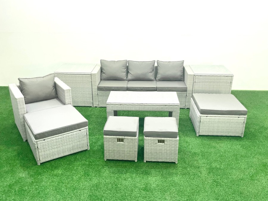 Click to view product details and reviews for Fimous Rattan Garden Furniture Set Outdoor Lounger Sofa With Coffee Table 4 Footstools 2 Side Tables Light Grey Mixed.