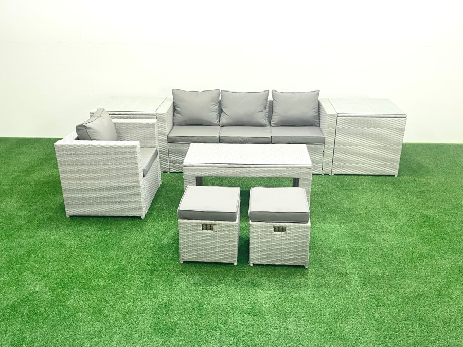 Click to view product details and reviews for Fimous Rattan Garden Furniture Set Outdoor Lounger Sofa With Coffee Table 2 Small Footstools 2 Side Tables Light Grey Mixed.