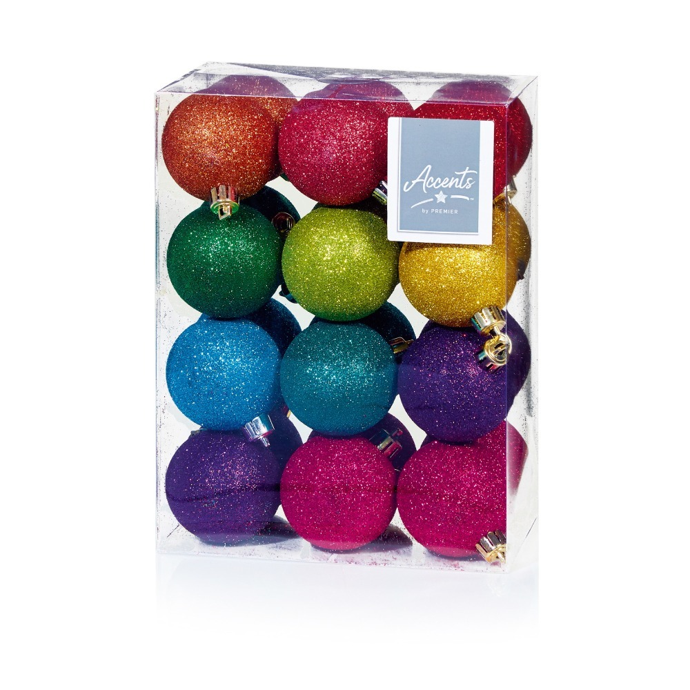 Accents Rainbow Christmas Tree Decorations Multi-Coloured Glitter Baubles 24pcs