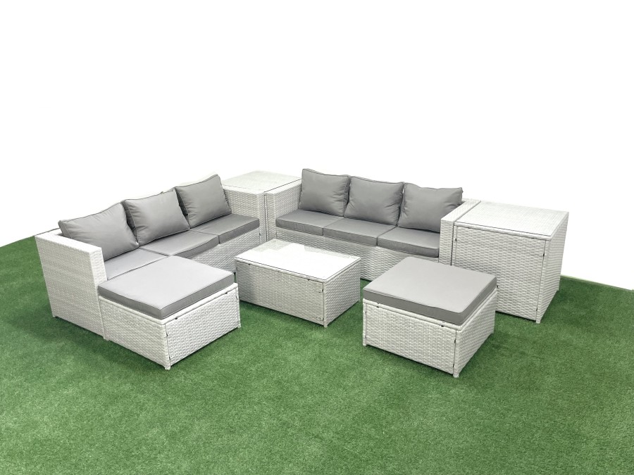 Click to view product details and reviews for Fimous Garden Outdoor Pe Rattan Furniture Set 8 Seater Rattan Garden Sofa Set With 2 Big Footstools 2 Side Tables Light Grey Mixed.