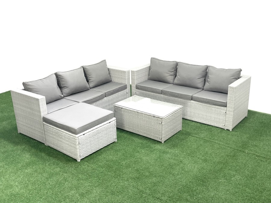 Click to view product details and reviews for Fimous Garden Outdoor Pe Rattan Furniture Set 7 Seater Rattan Garden Sofa Set With Big Footstool Light Grey Mixed.