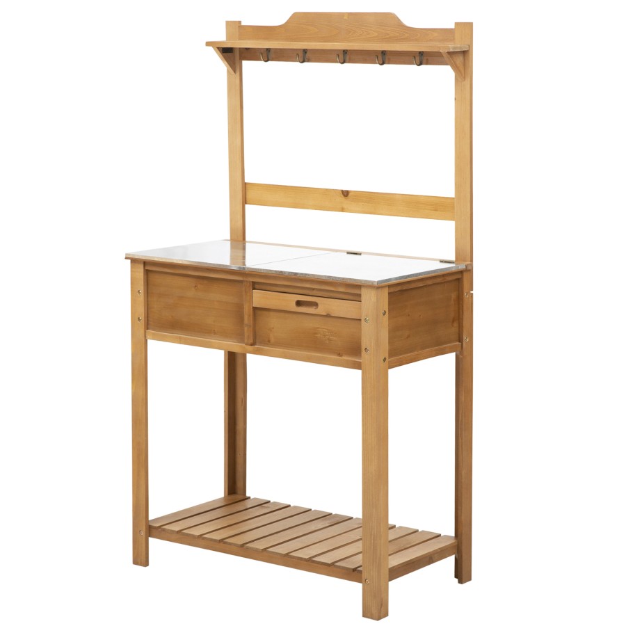 Click to view product details and reviews for Outsunny Wooden Garden Potting Table Galvanized Workstation Sink Shelves Hooks.
