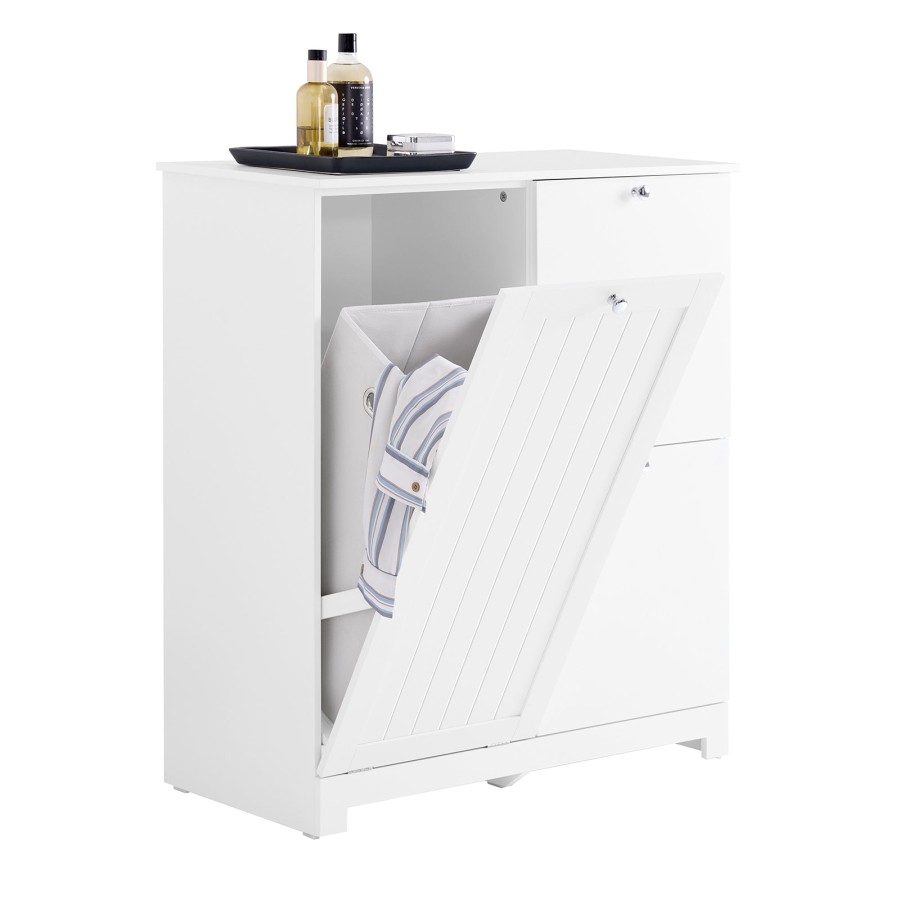 Pre-sale SoBuy BZR213-W, Slim Bathroom Storage Cabinet with 3 Laundry Baskets – Tall Narrow Freestanding Unit 78x38x90cm – 1 Large Integrated Hamper & 2 Removable Fabric Bins – White Bathroom Furniture