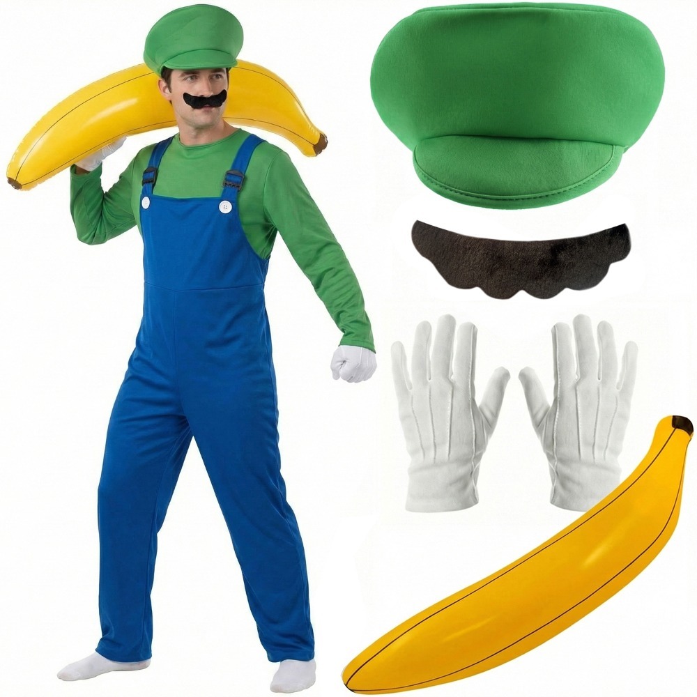 Click to view product details and reviews for Mens Green Super Workman Costume 6 Pcs Dungarees Top Hat Gloves Tash Inflatable Banana Standard.