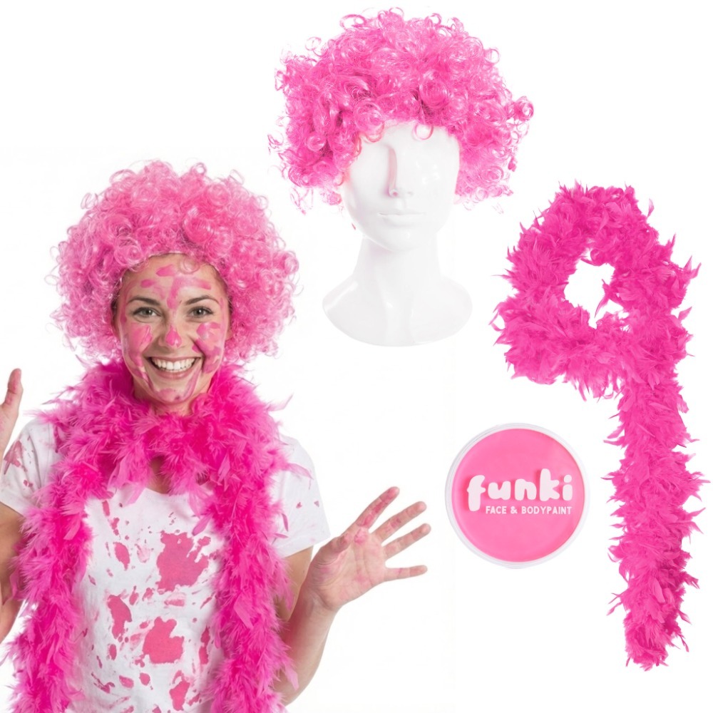 Click to view product details and reviews for Adults Mr Messy Accessory Set 3 Pcs Pink Afro Wig Feather Boa Face Paint.