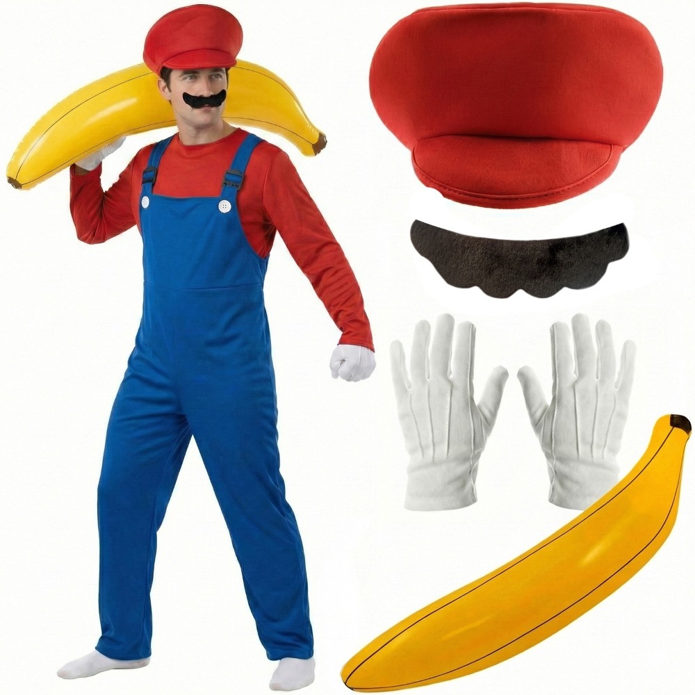 Click to view product details and reviews for Mens Red Super Workman Costume 6 Pcs Dungarees Top Hat Gloves Tash Inflatable Banana Standard.