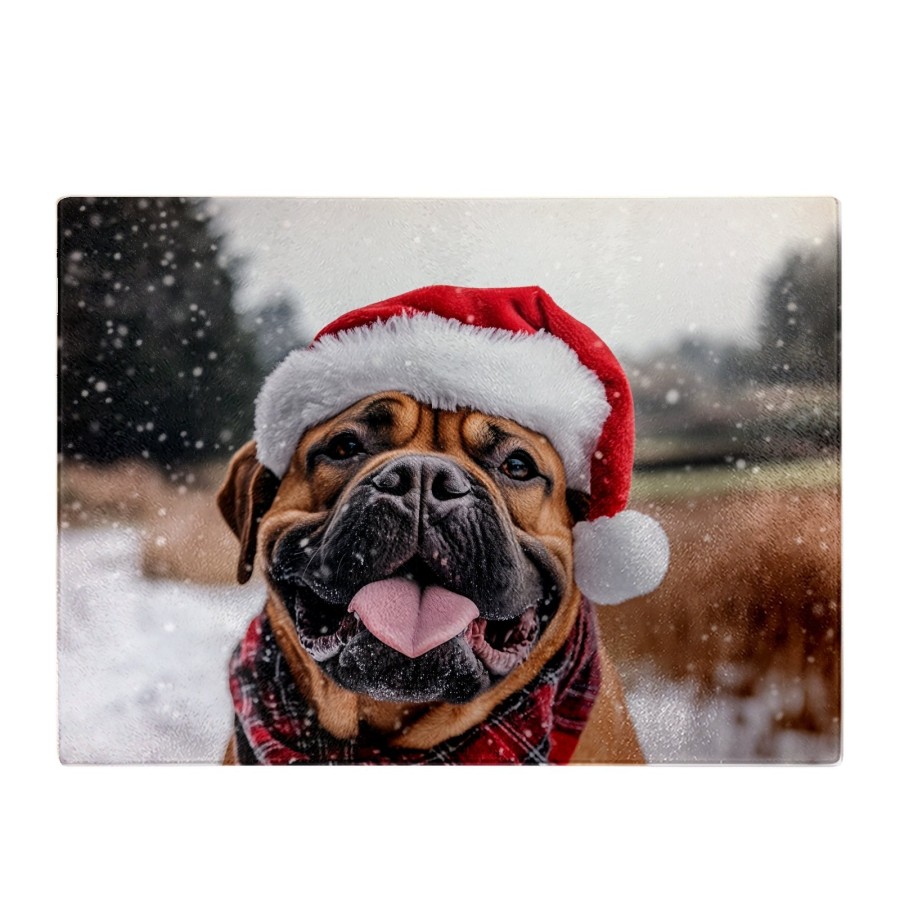Click to view product details and reviews for Snowy Christmas Bullmastiff Glass Chopping Board.