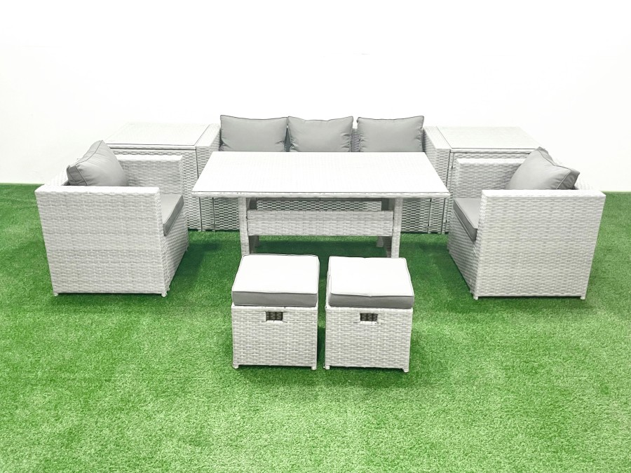 Click to view product details and reviews for Fimous Garden Dining Set Outdoor Rattan Furniture Set With Sofa Dining Table 2 Chairs 2 Small Footstools 2 Side Tables Light Grey Mixed.