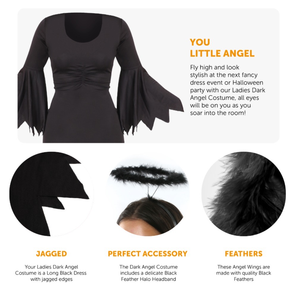 Ladies Dark Angel Costume - Dress, Wings & Halo Headband
