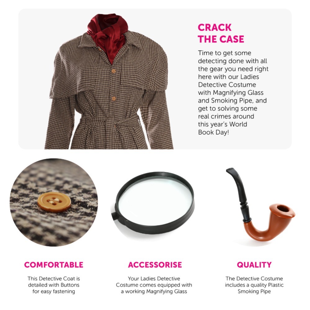 Ladies Detective Costume with Magnifying Glass & Pipe