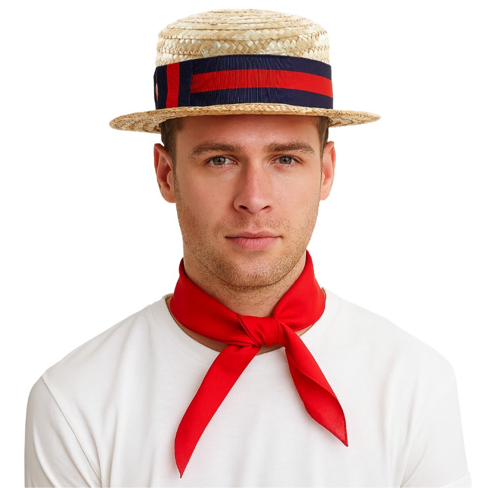 Straw Boater Hat with Blue & Red Ribbon
