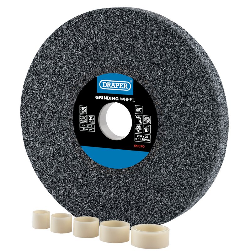 Draper Schleifscheibe Aluminiumoxid – 150x20 Mm, 60er Körnung, Mit 5 Reduzierringen, Für Trockenschliff