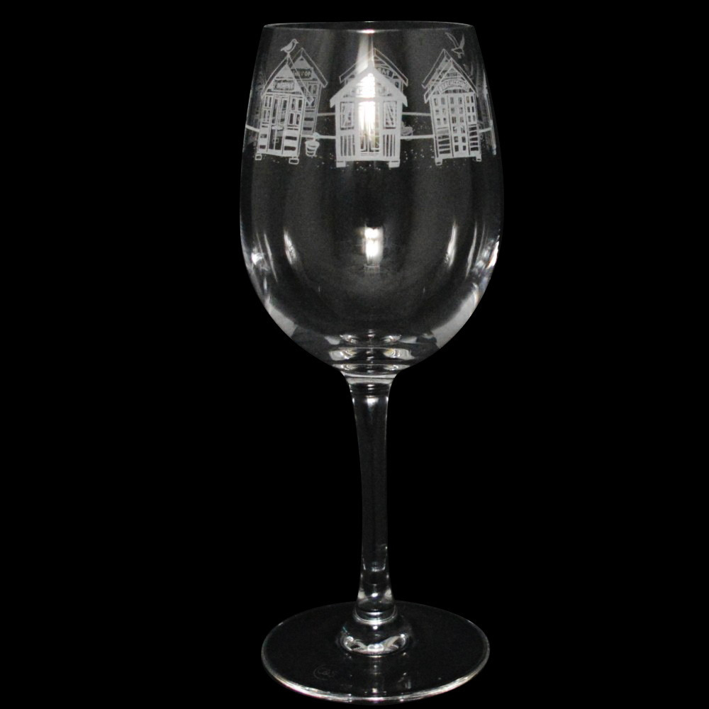 Animo Wine Drinking Glass Hand Etched Crystal Holiday Gift Box Beach Hut Design