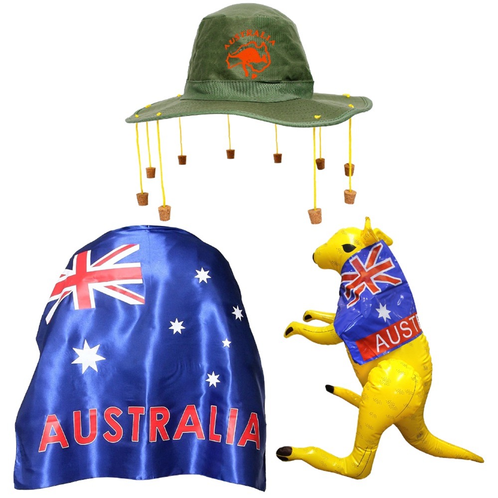 Click to view product details and reviews for Aussie Day 3 Pack Set With Wearable Flag Inflatable Kangaroo Kangaroo Print Hat Pack Of 1.