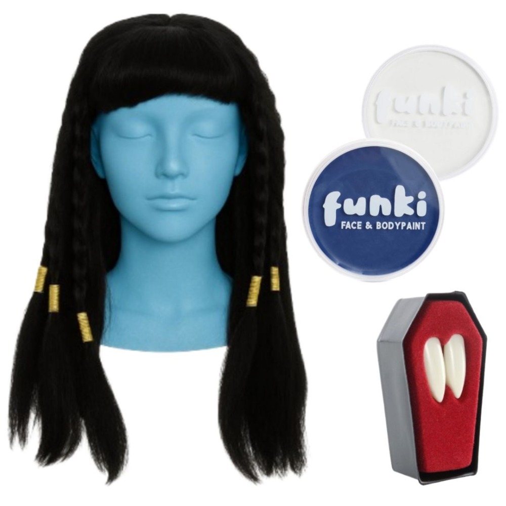 Click to view product details and reviews for Adults Blue Alien Warrior Costume Set 4 Pcs Wig Fangs Blue White Face Paint.