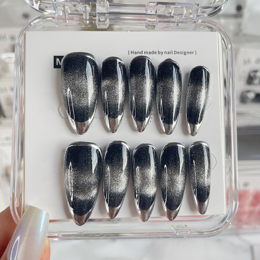 B037 Black Cat Eyes  French 10pcs Press on Nails