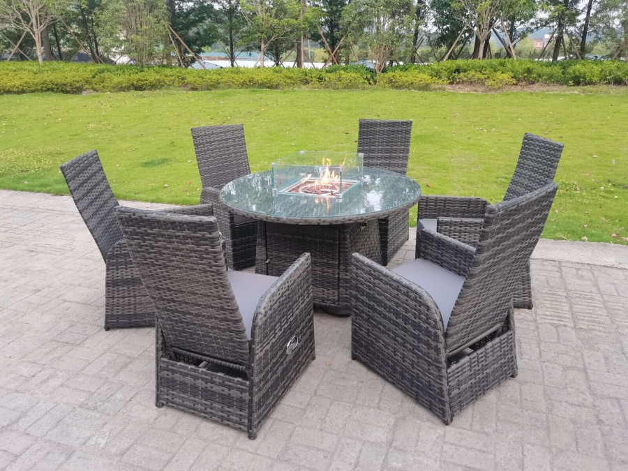 Click to view product details and reviews for Rattan Outdoor Garden Furniture Set Gas Fire Pit Round Rectangular Dining Table Gas Heater Reclining Chair Sets 2 4 6 Seater 6 Chair Round Table.
