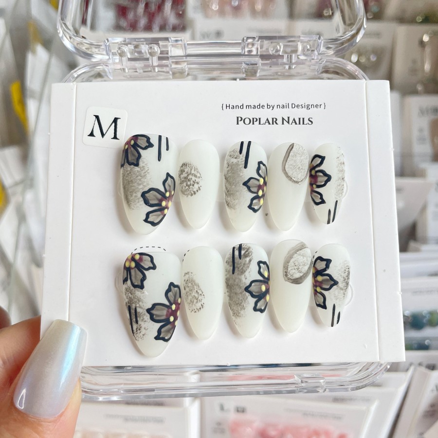 Click to view product details and reviews for B074 Flower On Moon Light Short Almond Press On Nails L.