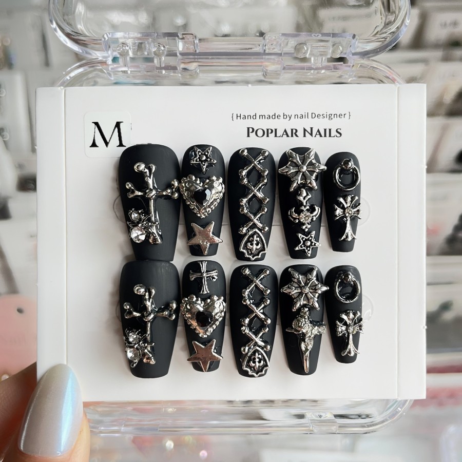 Click to view product details and reviews for B092 Solid Black With Silver Decor Press On Nails L.