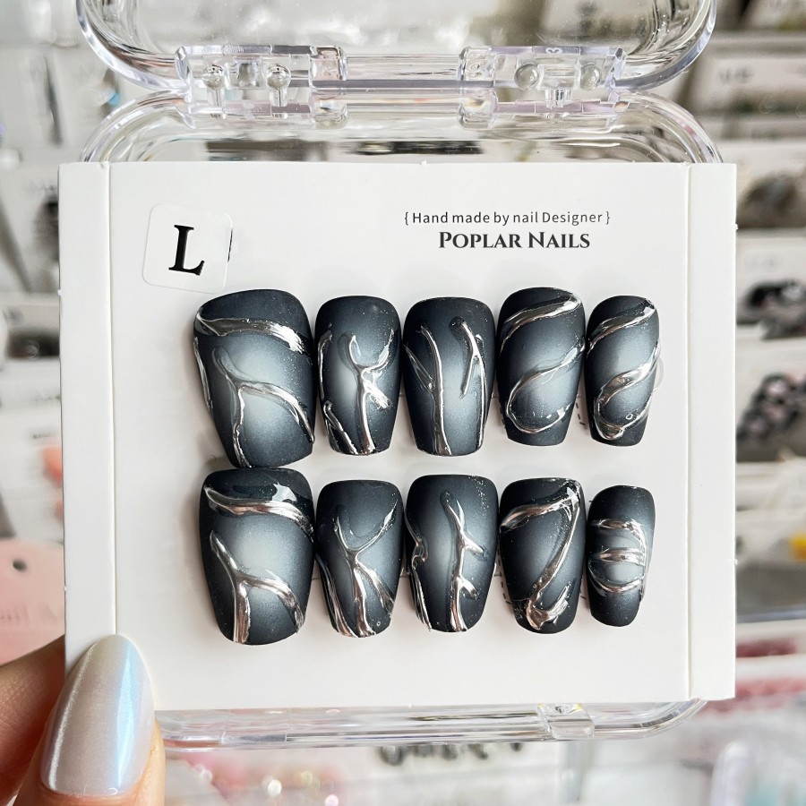 Click to view product details and reviews for B093 Black Silver Lightning Press On Nails M.