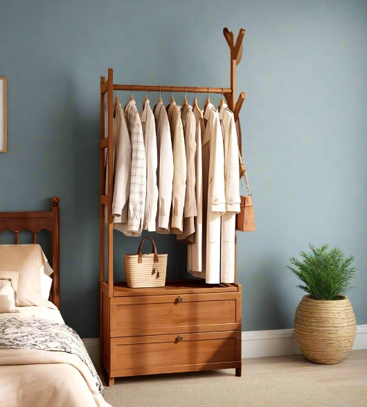 Heavy Duty Bamboo Clothes Rail Rack with Drawers & Hooks – Open Corner Garment Stand Wardrobe