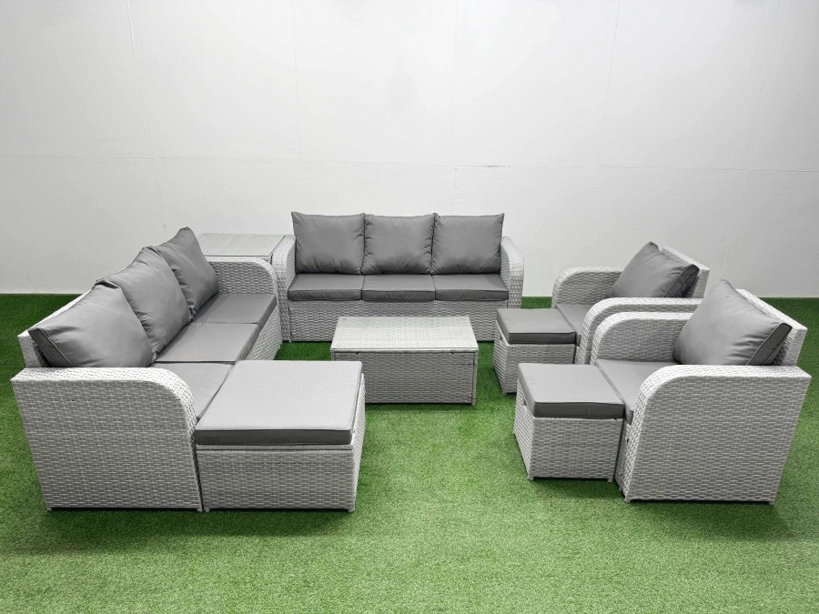 Fimous PE Rattan High Back Lounge Sofa Set Patio Coffee Table & Chairs Set with 3 Seater Sofa Reclining Chair 3 Stools Side Table Light Grey