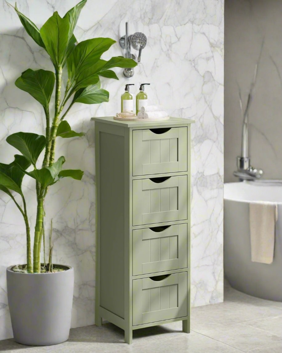 Green Bathroom Floor Storage Cabinet – Freestanding Unit with 4 Drawers